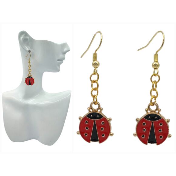 Cute Red Ladybug Dangle Earrings Dangly Bug Jewelry insect Lady Bug - Picture 4 of 4
